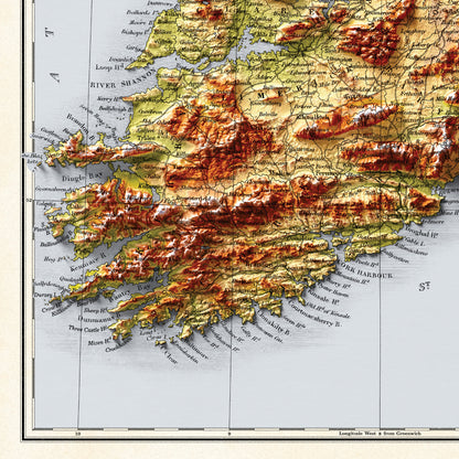 Ireland Map - Vintage 2D Shaded Relief Map - Irish Topographic Map- Bartholomew - Dublin, Limerick, Ulster, Connaught, Munster,Leinster