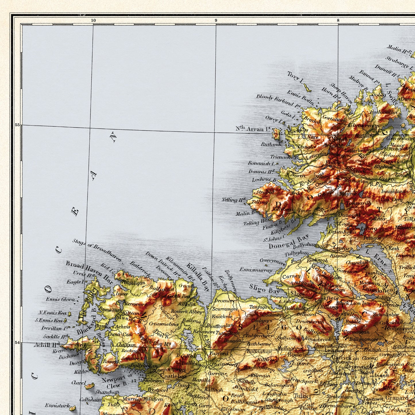 Ireland Map - Vintage 2D Shaded Relief Map - Irish Topographic Map- Bartholomew - Dublin, Limerick, Ulster, Connaught, Munster,Leinster