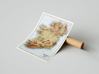 Ireland Map - Vintage 2D Shaded Relief Map - Irish Topographic Map- Bartholomew - Dublin, Limerick, Ulster, Connaught, Munster,Leinster