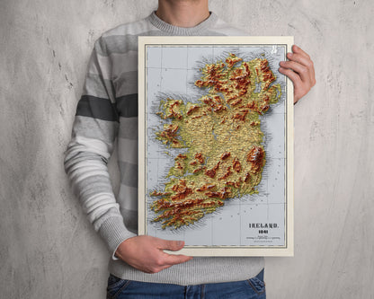 Ireland Map - Vintage 2D Shaded Relief Map - Irish Topographic Map- Bartholomew - Dublin, Limerick, Ulster, Connaught, Munster,Leinster