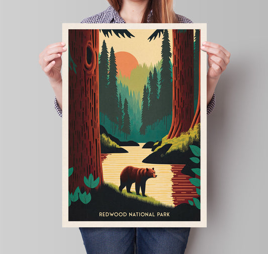 Redwood National Park Print | Black Bear | Travel Poster | America Art | Gift | Birthday Present | Home Decor Artwork