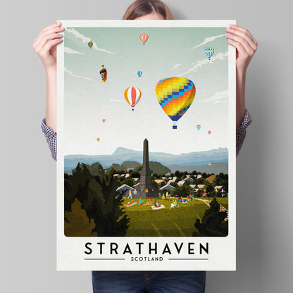 Strathaven Print - Balloon Festival Print - War Memorial Hill - Vintage looking retro travel poster, Hot Air Balloon Fiesta