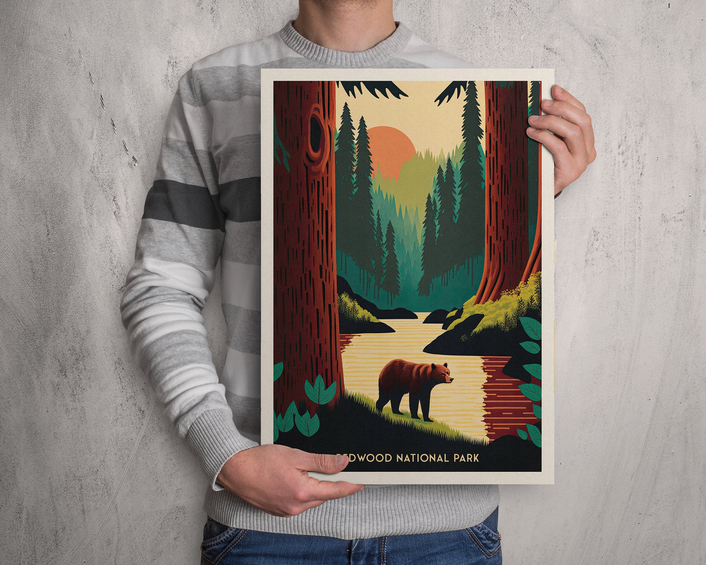 Redwood National Park Print | Black Bear | Travel Poster | America Art | Gift | Birthday Present | Home Decor Artwork