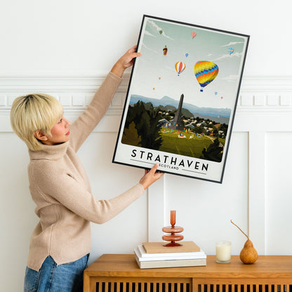 Strathaven Print - Balloon Festival Print - War Memorial Hill - Vintage looking retro travel poster, Hot Air Balloon Fiesta