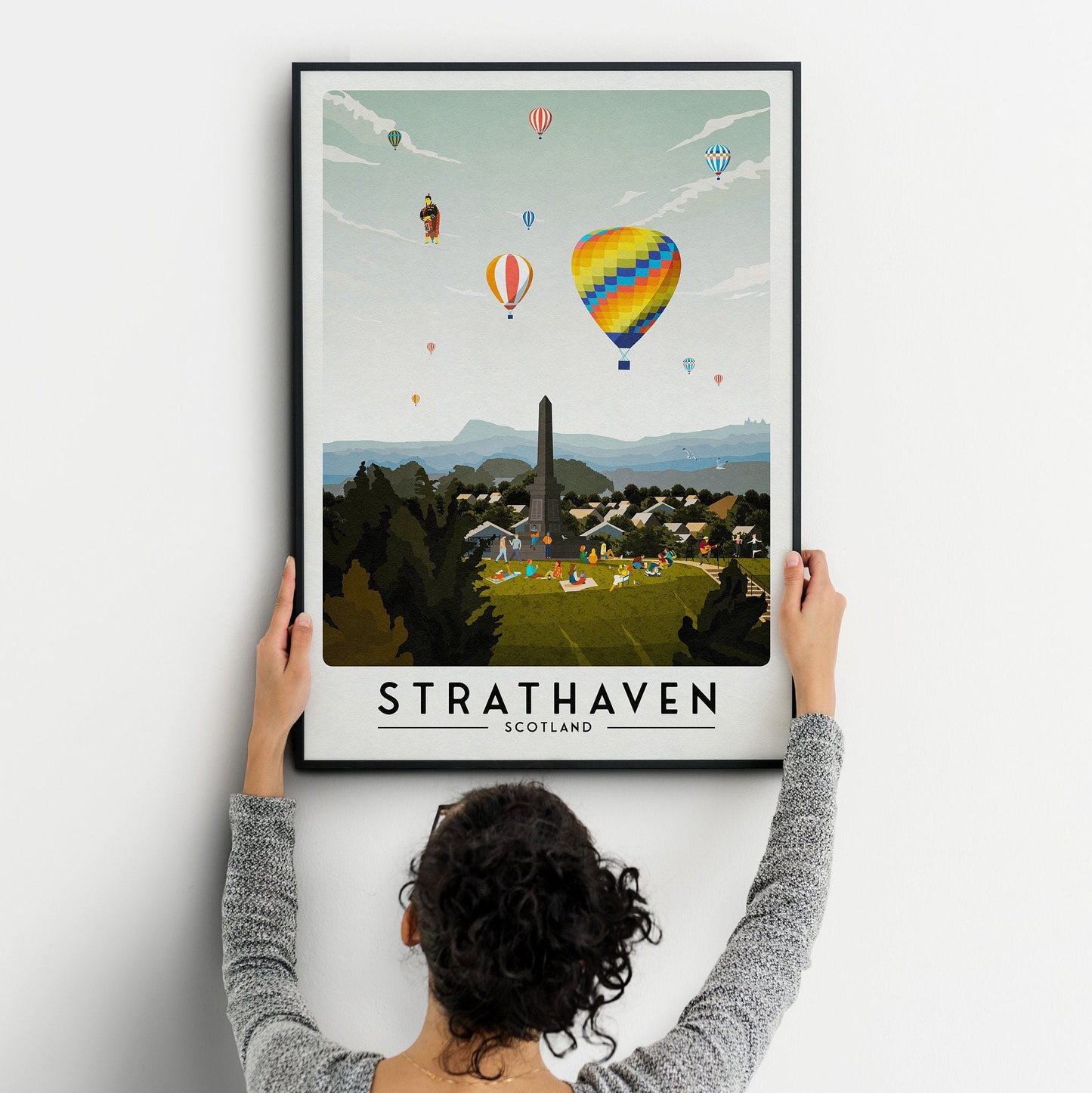 Strathaven Print - Balloon Festival Print - War Memorial Hill - Vintage looking retro travel poster, Hot Air Balloon Fiesta