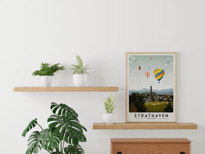 Strathaven Print - Balloon Festival Print - War Memorial Hill - Vintage looking retro travel poster, Hot Air Balloon Fiesta