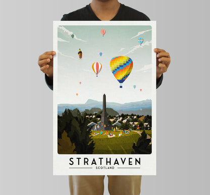 Strathaven Print - Balloon Festival Print - War Memorial Hill - Vintage looking retro travel poster, Hot Air Balloon Fiesta