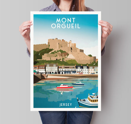 Mont Orgueil Castle Print - Jersey - Gorey Harbour -  Saint Martin - Travel Poster