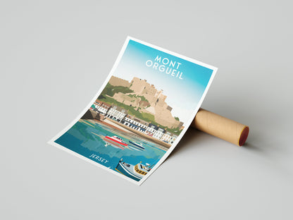 Mont Orgueil Castle Print - Jersey - Gorey Harbour -  Saint Martin - Travel Poster