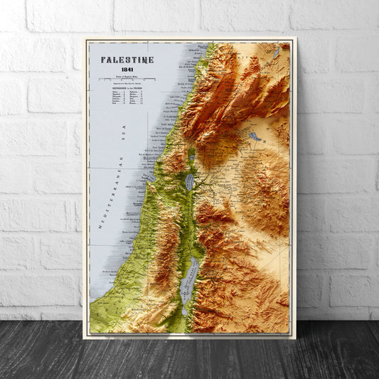 Palestine Map  - Topographic Shaded Elevation Relief Map - Vintage Style  -  Bible Study - 12 tribes - Asher - Nephtali - Gad - Judah - 1844
