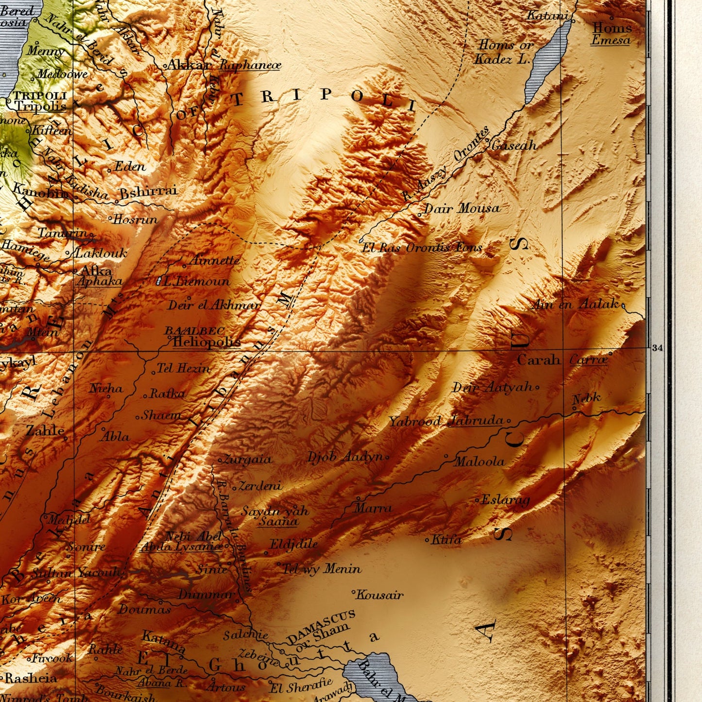 Palestine Map  - Topographic Shaded Elevation Relief Map - Vintage Style  -  Bible Study - 12 tribes - Asher - Nephtali - Gad - Judah - 1844