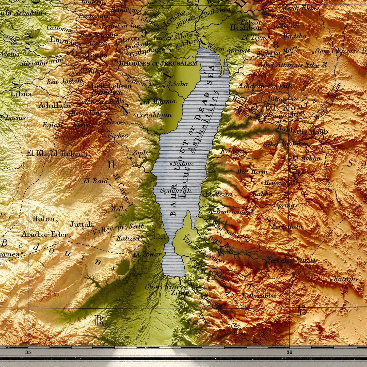 Palestine Map  - Topographic Shaded Elevation Relief Map - Vintage Style  -  Bible Study - 12 tribes - Asher - Nephtali - Gad - Judah - 1844