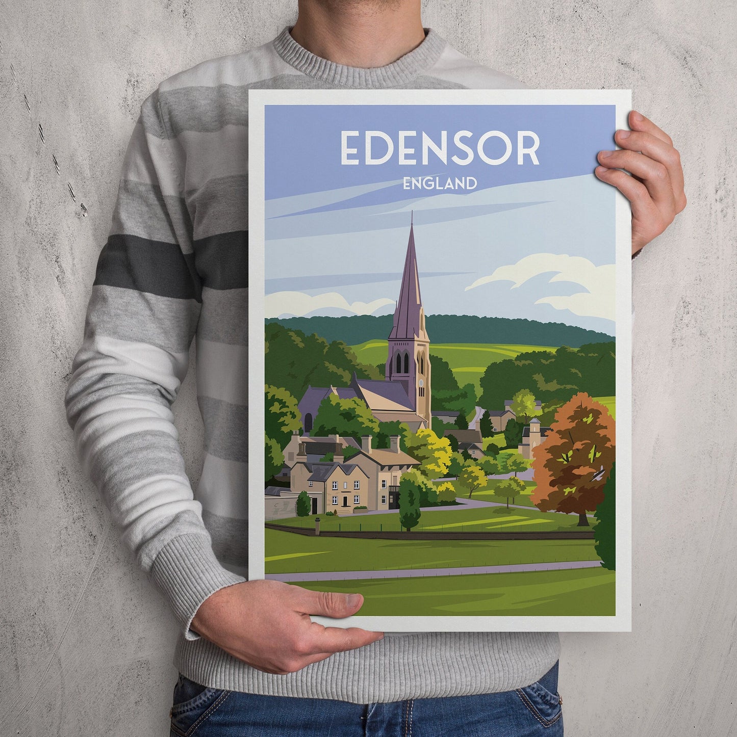 Edensor Print - Travel Poster - Captivating English Countryside Art Print - Bakewell - Derbyshire - England