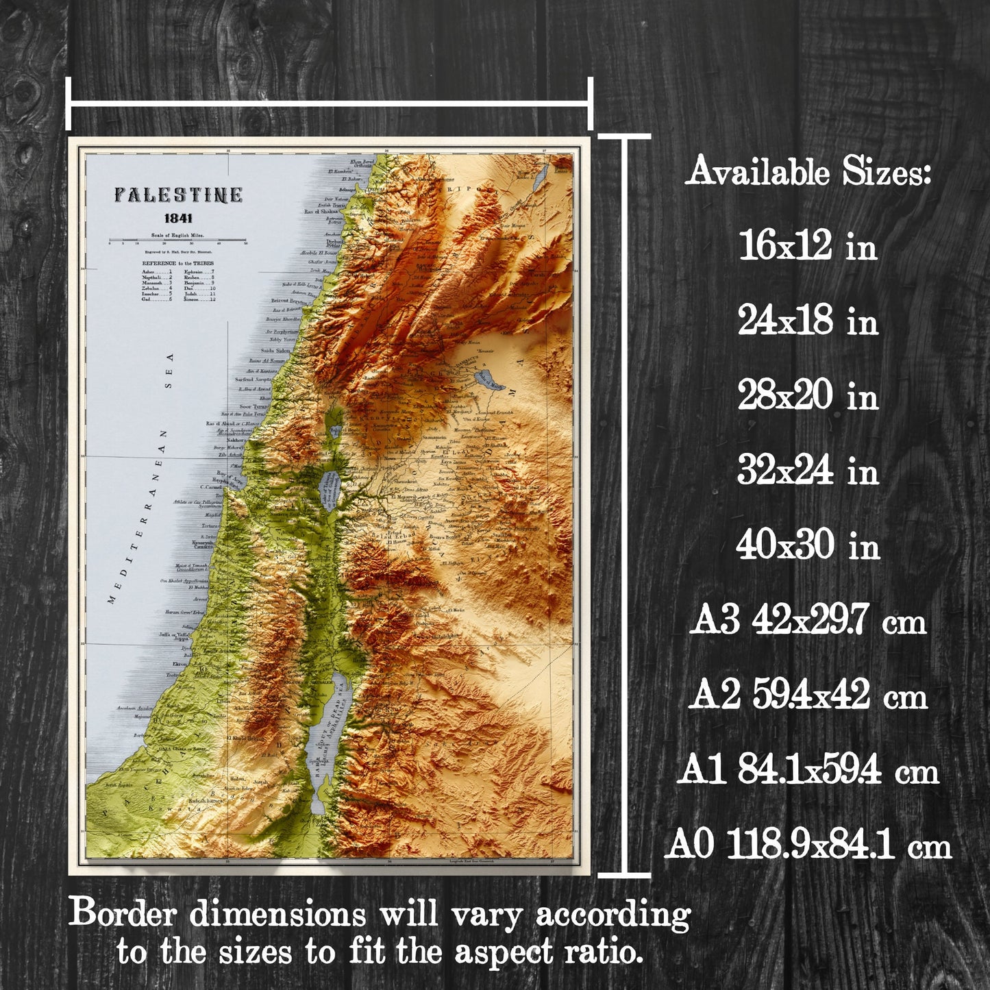 Palestine Map  - Topographic Shaded Elevation Relief Map - Vintage Style  -  Bible Study - 12 tribes - Asher - Nephtali - Gad - Judah - 1844