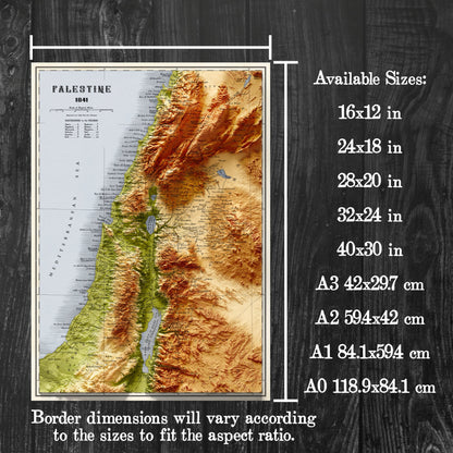 Palestine Map  - Topographic Shaded Elevation Relief Map - Vintage Style  -  Bible Study - 12 tribes - Asher - Nephtali - Gad - Judah - 1844