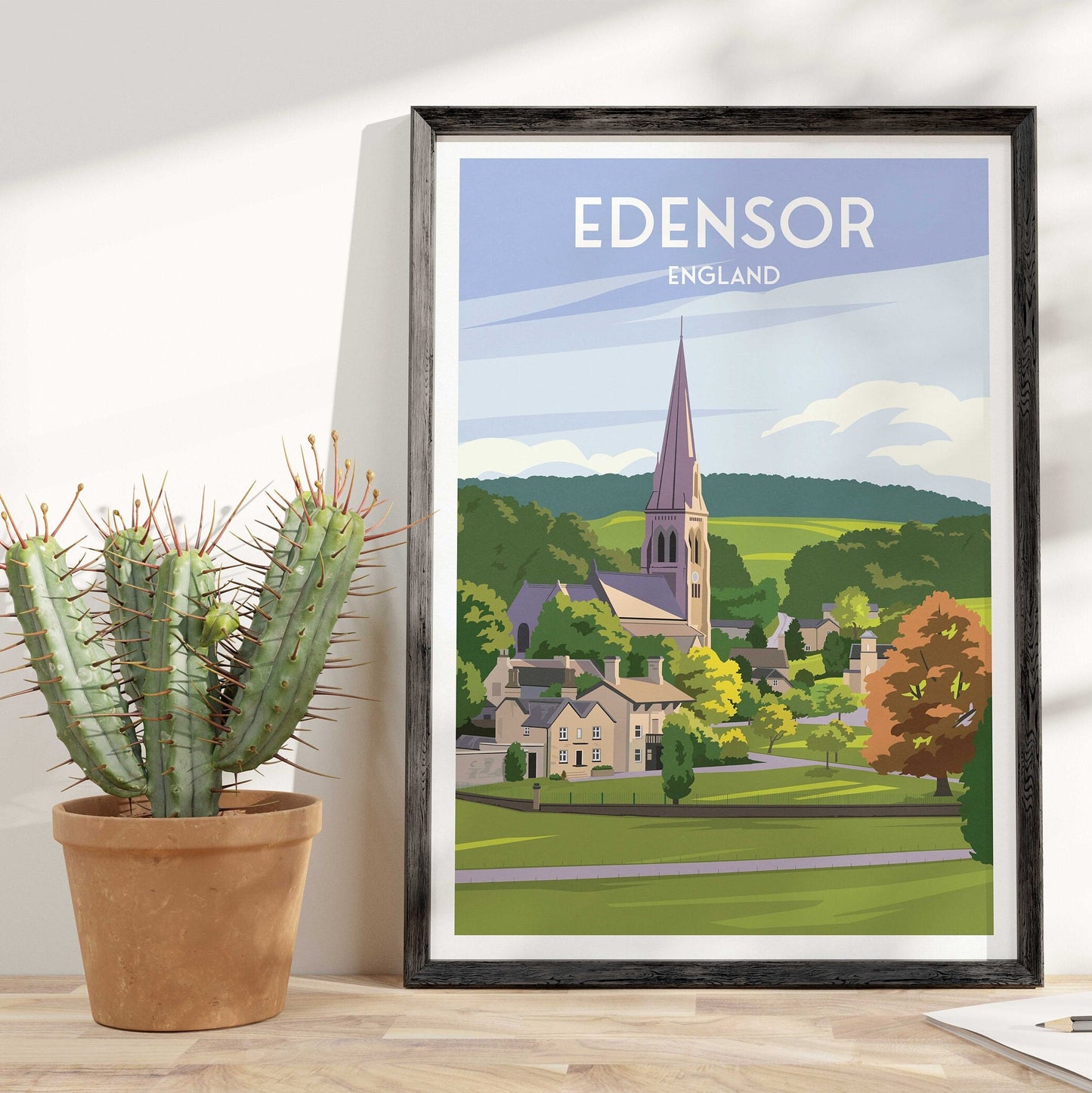 Edensor Print - Travel Poster - Captivating English Countryside Art Print - Bakewell - Derbyshire - England