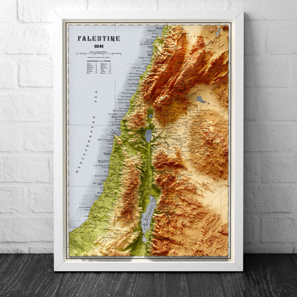 Palestine Map  - Topographic Shaded Elevation Relief Map - Vintage Style  -  Bible Study - 12 tribes - Asher - Nephtali - Gad - Judah - 1844