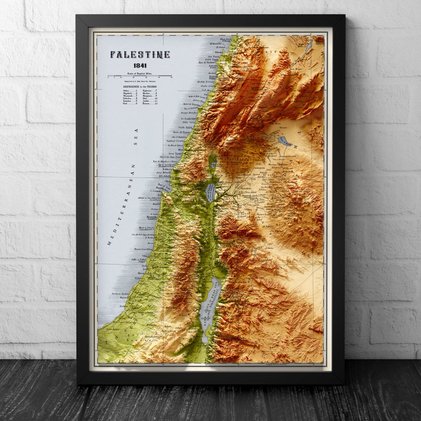 Palestine Map  - Topographic Shaded Elevation Relief Map - Vintage Style  -  Bible Study - 12 tribes - Asher - Nephtali - Gad - Judah - 1844