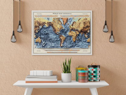 World Bathymetry - Shaded Relief Map - Detailed Topography - Vintage Poster - World Topography including Ocean Floor - Wall Art Print