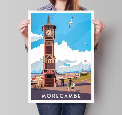 Morecambe Print | Clock Tower Promenade | English Travel Poster | England illustrated art poster | Travel Prints UK | Wall Decoration