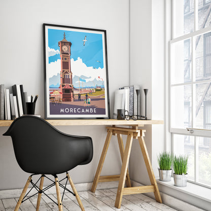 Morecambe Print | Clock Tower Promenade | English Travel Poster | England illustrated art poster | Travel Prints UK | Wall Decoration