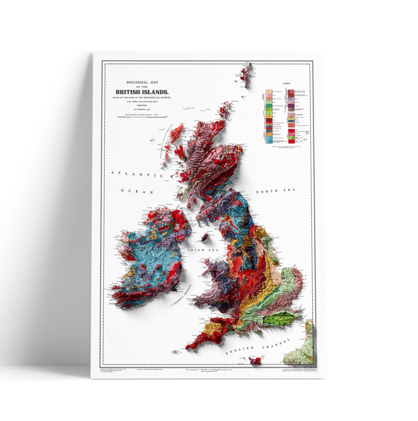 British Islands Geological Map - 3D effect relief Print (2D map with 3D effect using satellite terrain data)