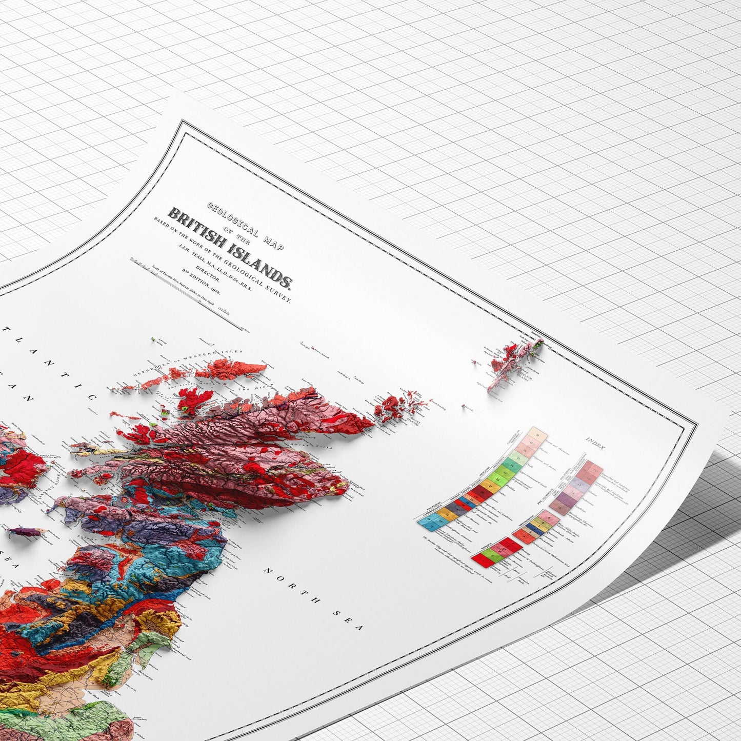 British Islands Geological Map - 3D effect relief Print (2D map with 3D effect using satellite terrain data)