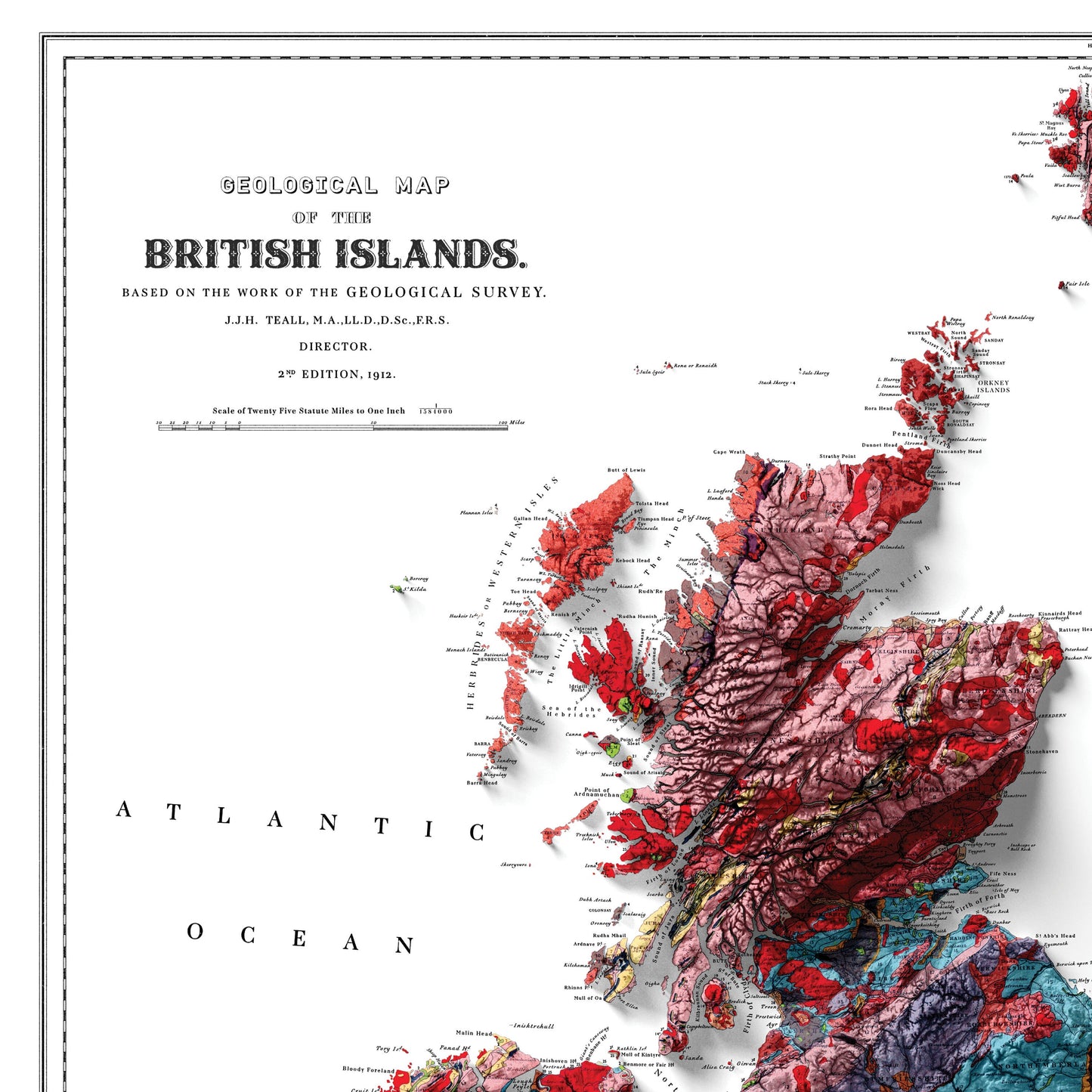 British Islands Geological Map - 3D effect relief Print (2D map with 3D effect using satellite terrain data)