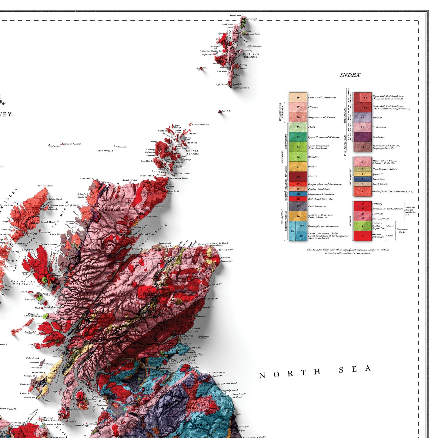 British Islands Geological Map - 3D effect relief Print (2D map with 3D effect using satellite terrain data)