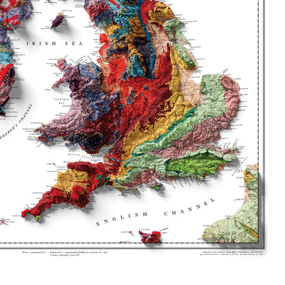 British Islands Geological Map - 3D effect relief Print (2D map with 3D effect using satellite terrain data)