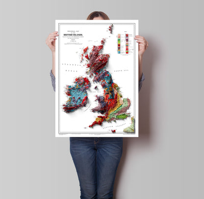 British Islands Geological Map - 3D effect relief Print (2D map with 3D effect using satellite terrain data)