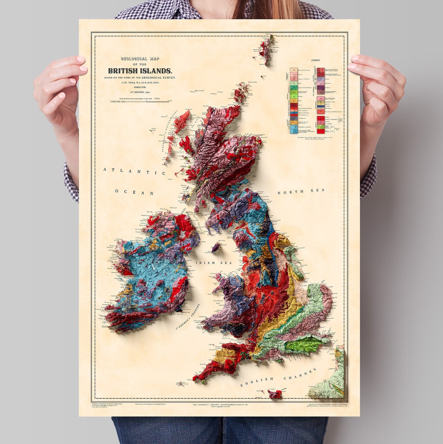 British Islands Geology Elevation Map - 2D Giclée Vintage United Kingdom & Ireland Poster - Geological Survey 3D effect shaded relief Print