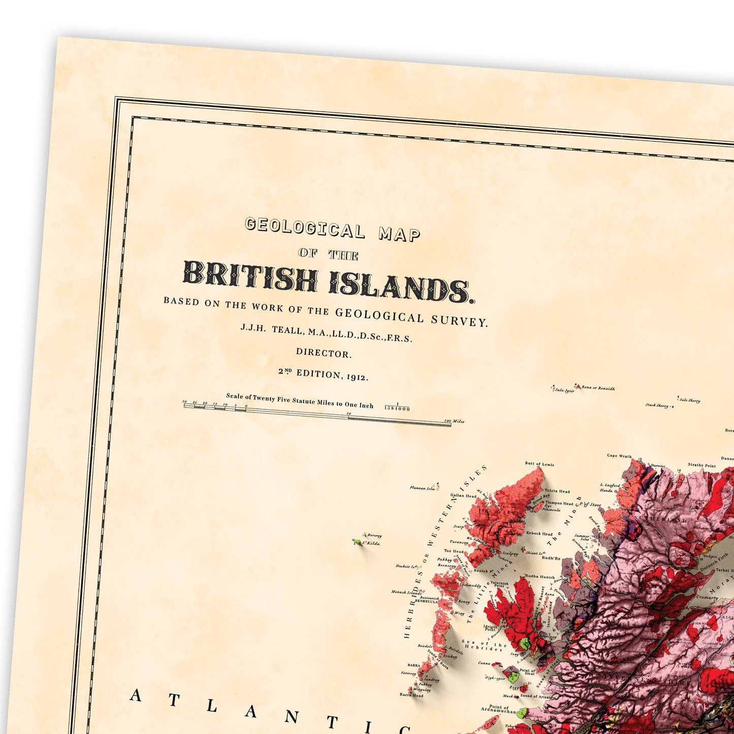 British Islands Geology Elevation Map - 2D Giclée Vintage United Kingdom & Ireland Poster - Geological Survey 3D effect shaded relief Print