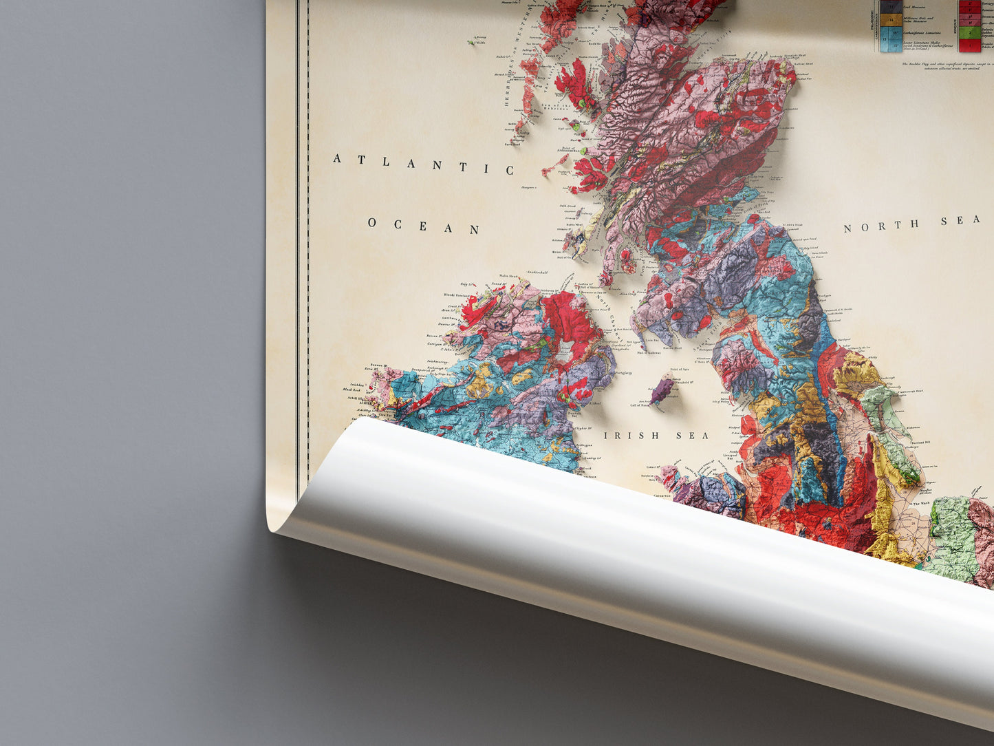 British Islands Geology Elevation Map - 2D Giclée Vintage United Kingdom & Ireland Poster - Geological Survey 3D effect shaded relief Print