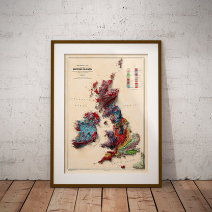 British Islands Geology Elevation Map - 2D Giclée Vintage United Kingdom & Ireland Poster - Geological Survey 3D effect shaded relief Print