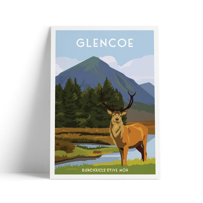 Glencoe Print | Buachaille Etive Mor mountain | Kingshouse Hotel | Wild Stag | Red Deer | West Highland Way | Travel Poster | Scotland