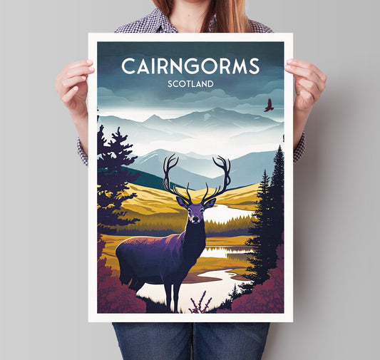 Cairngorms National Park Travel Poster | National Park | Scotland | Cairngorms Print | Scottish Highlands | Stag | Deer | Cairngorms Poster
