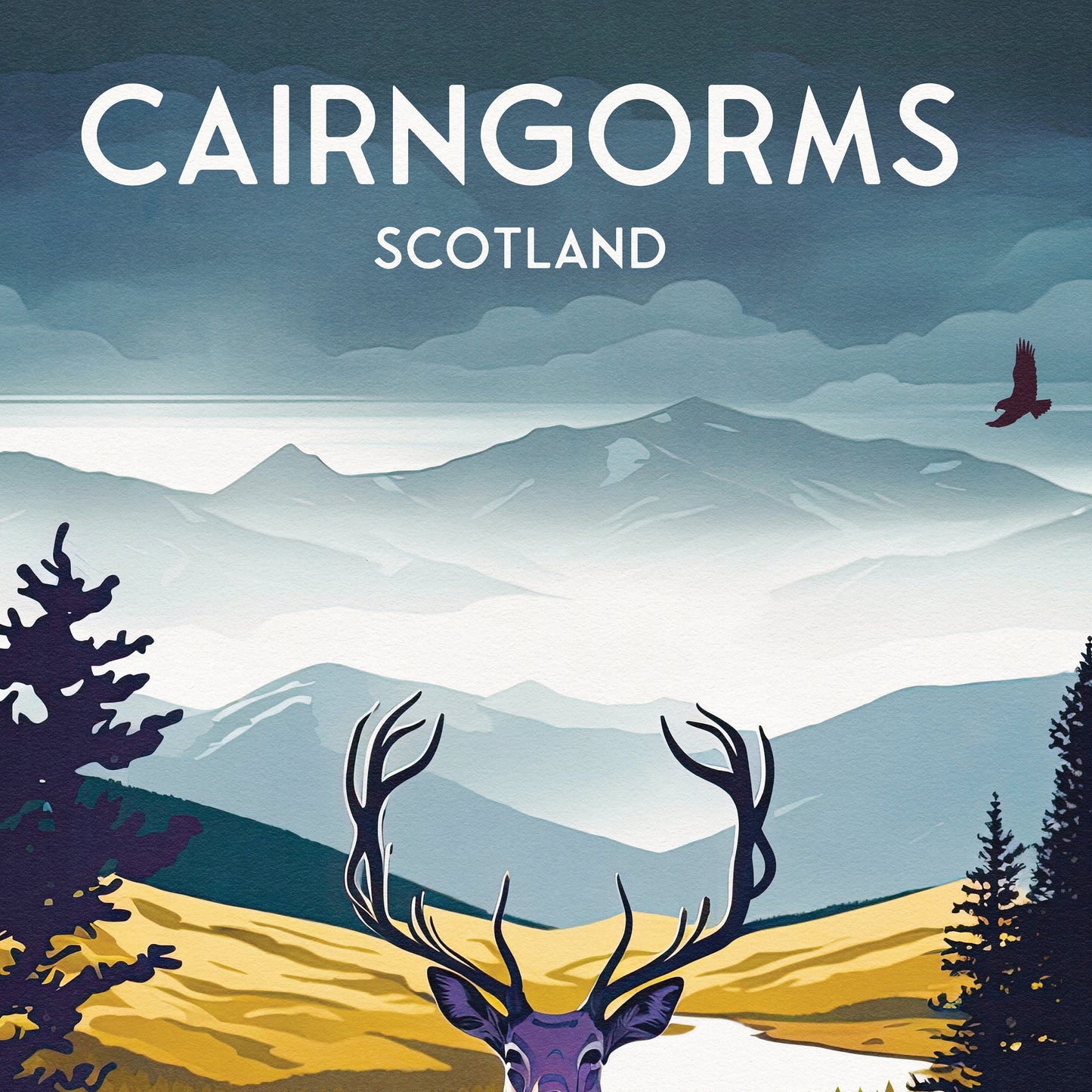 Cairngorms National Park Travel Poster | National Park | Scotland | Cairngorms Print | Scottish Highlands | Stag | Deer | Cairngorms Poster