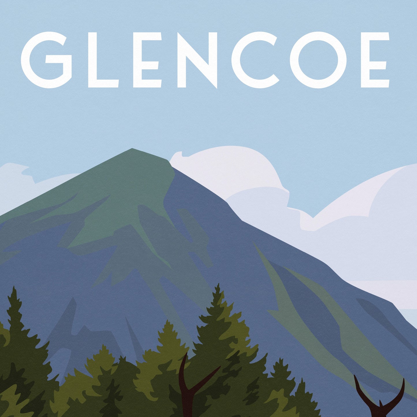 Glencoe Print | Buachaille Etive Mor mountain | Kingshouse Hotel | Wild Stag | Red Deer | West Highland Way | Travel Poster | Scotland