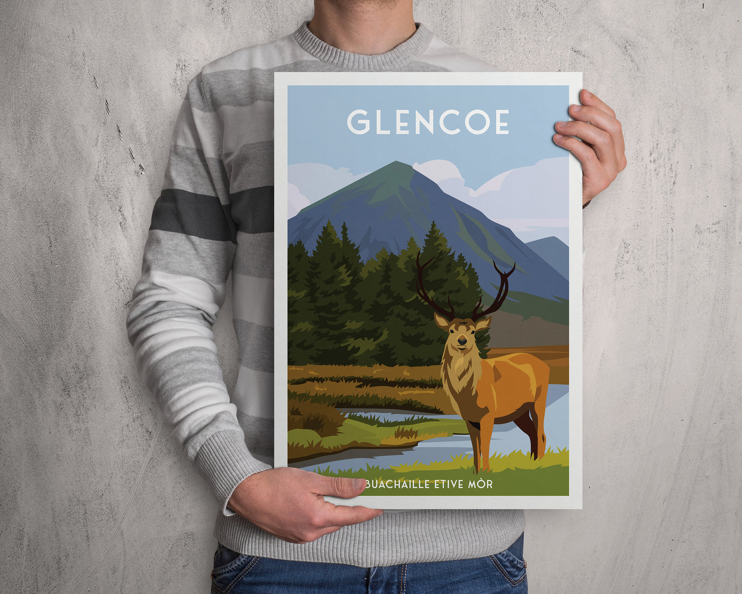 Glencoe Print | Buachaille Etive Mor mountain | Kingshouse Hotel | Wild Stag | Red Deer | West Highland Way | Travel Poster | Scotland