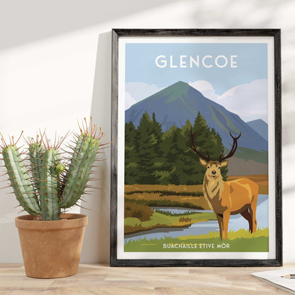 Glencoe Print | Buachaille Etive Mor mountain | Kingshouse Hotel | Wild Stag | Red Deer | West Highland Way | Travel Poster | Scotland