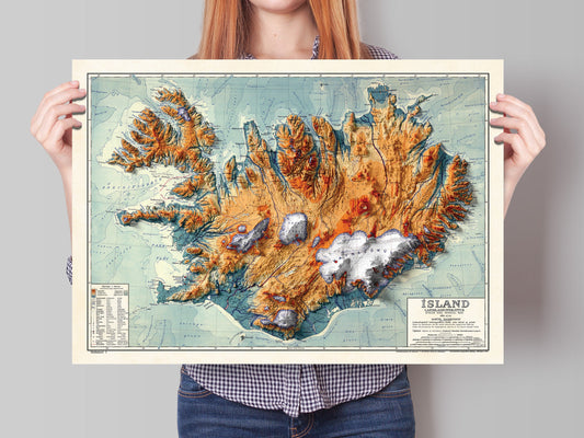 Iceland Map - 2D Print - Iceland Geology - Vintage - Shaded Relief Map - retro map - kopavogur - hekla - Reykjavik - Keflavik - Geysir