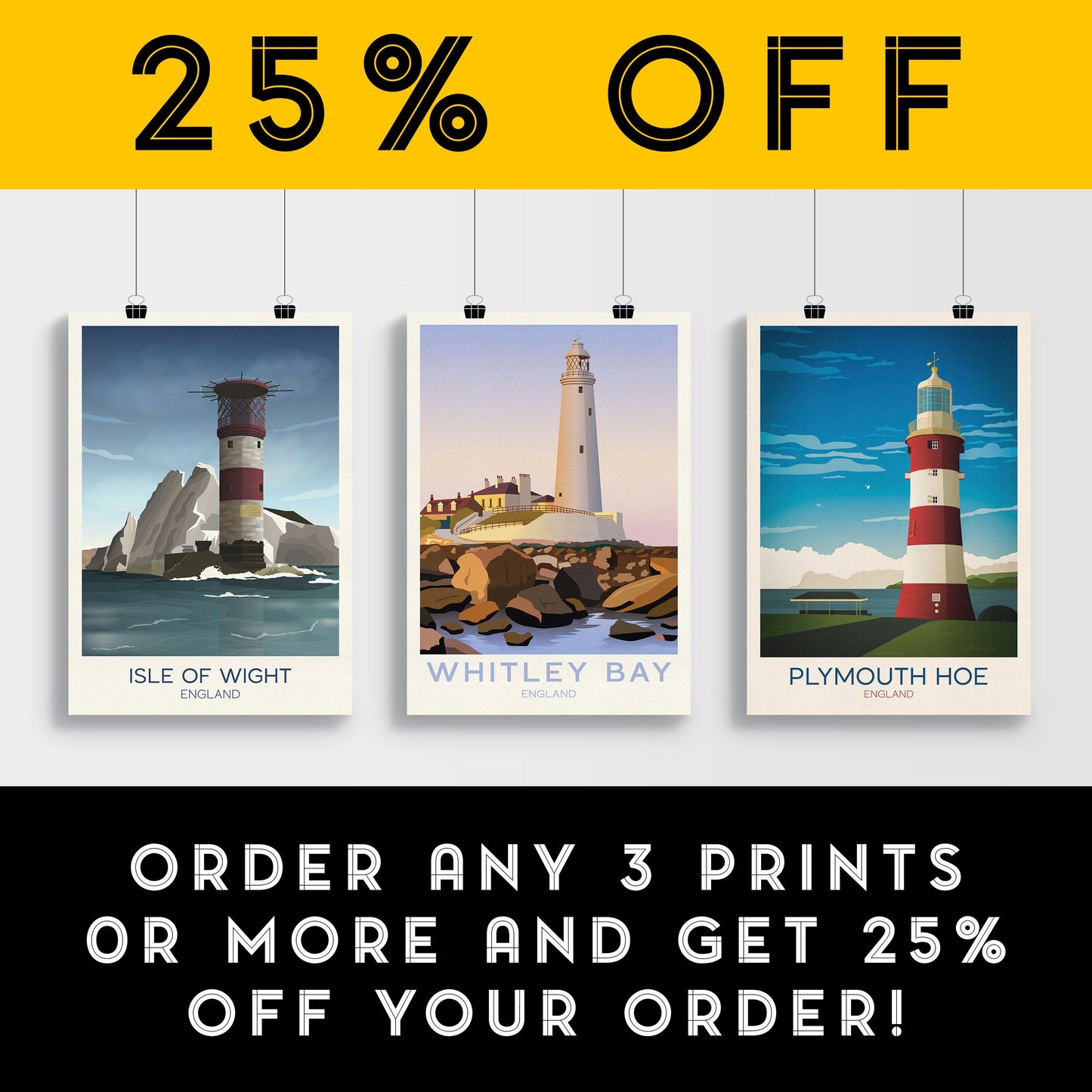 Whitley Bay Travel Poster | English Coastal Lighthouse Print | St Mary's Lighthouse  | Whitley Bay Poster | Newcastle Upon Tyne | Tynemouth