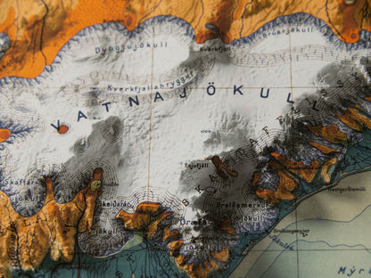 Iceland Map - 2D Print - Iceland Geology - Vintage - Shaded Relief Map - retro map - kopavogur - hekla - Reykjavik - Keflavik - Geysir