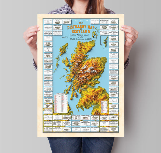 Distillery Map of Scotland -  Scotch Whisky Map - The Scottish Malts - 3D Relief Effect Print, distilleries Poster, Scotland art, whiskey