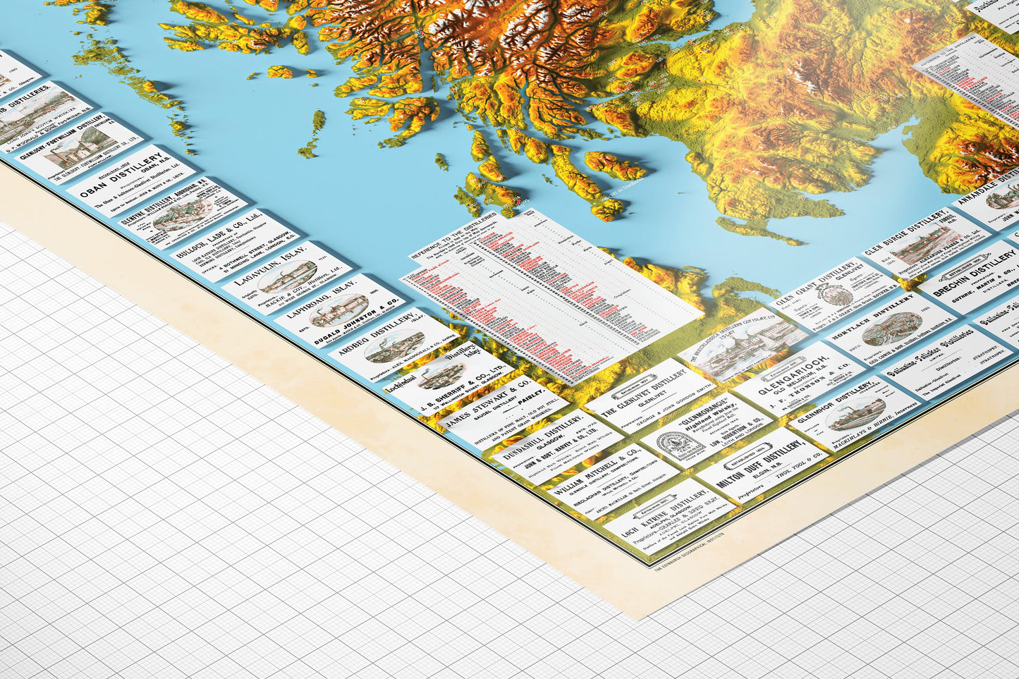 Distillery Map of Scotland -  Scotch Whisky Map - The Scottish Malts - 3D Relief Effect Print, distilleries Poster, Scotland art, whiskey