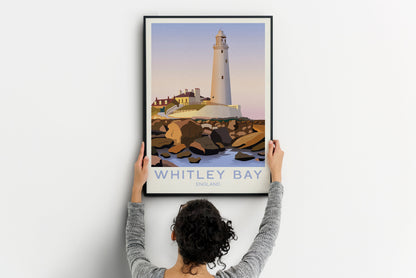 Whitley Bay Travel Poster | English Coastal Lighthouse Print | St Mary's Lighthouse  | Whitley Bay Poster | Newcastle Upon Tyne | Tynemouth