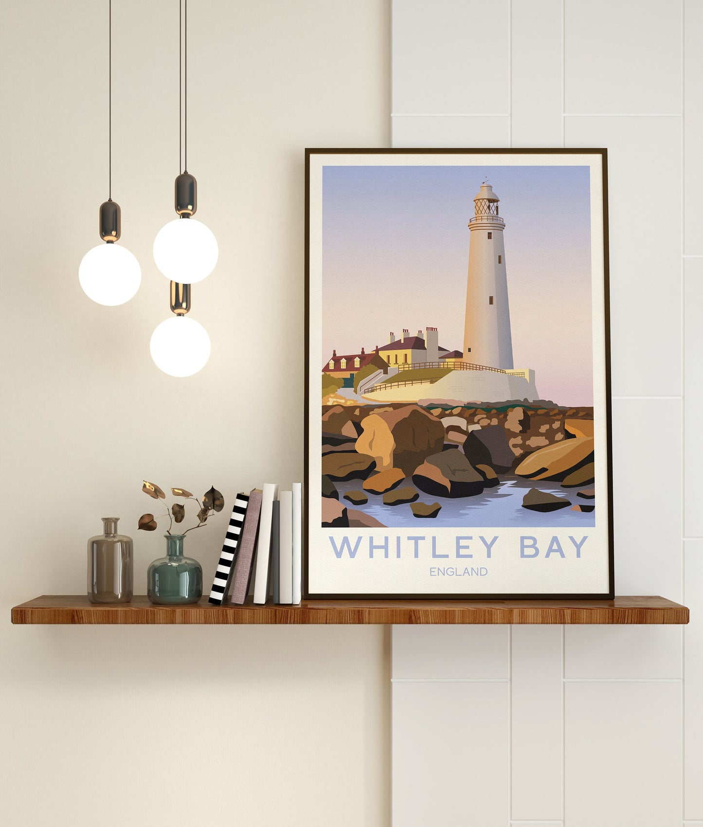 Whitley Bay Travel Poster | English Coastal Lighthouse Print | St Mary's Lighthouse  | Whitley Bay Poster | Newcastle Upon Tyne | Tynemouth