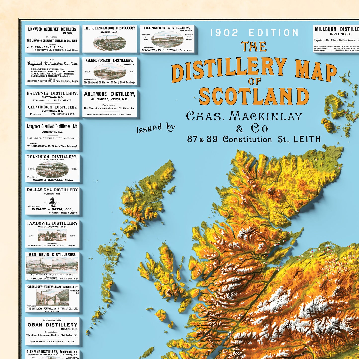 Distillery Map of Scotland -  Scotch Whisky Map - The Scottish Malts - 3D Relief Effect Print, distilleries Poster, Scotland art, whiskey