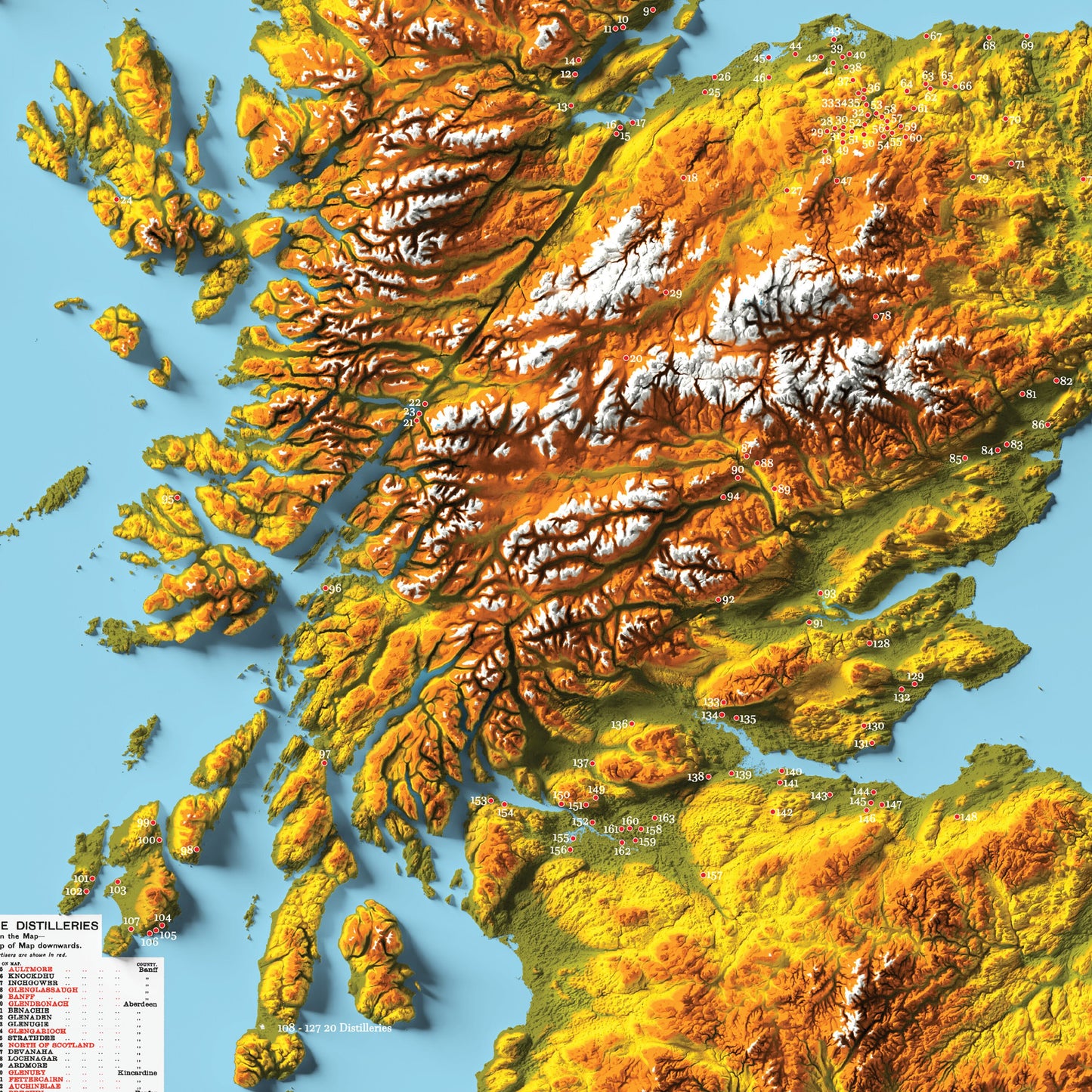 Distillery Map of Scotland -  Scotch Whisky Map - The Scottish Malts - 3D Relief Effect Print, distilleries Poster, Scotland art, whiskey